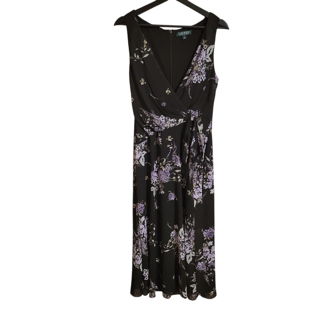 Lauren Ralph Lauren Black Purple Floral Midi Dress